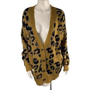 J.O.A. Leopard Print Oversized Cardigan Sweater - Small Gold Black Leopard Print